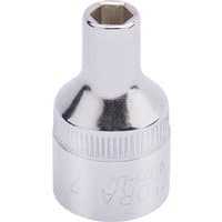 Silver Elora hexagon socket, 1/2" square drive, 7mm, with a polished chrome finish and engraved branding.