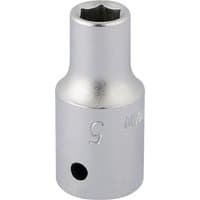 Silver Elora hexagon socket, 1/4" square drive, 5mm size, with engraved markings and smooth metallic finish.