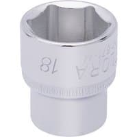 Chrome Elora hexagon socket, 3/8" square drive, 18mm size, engraved with brand and size details.