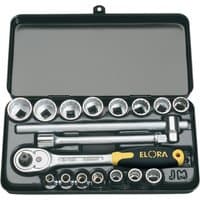 Elora metric socket set, 3/8" square drive, 18 pieces, in black case with ratchet, sockets, and extensions.