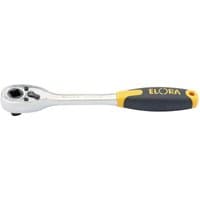 Elora 3/8" ratchet, 200mm, silver with black and yellow handle, ergonomic grip.