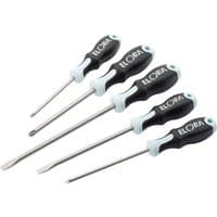 Elora stainless steel screwdriver set with black ergonomic handles, includes five different sizes.