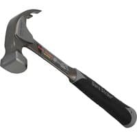 Estwing all-steel curved claw hammer with black rubber grip and polished metal head.