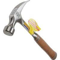 Estwing E20S straight claw hammer with polished steel head and leather grip handle.
