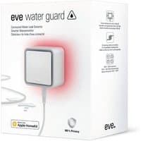 White Eve liquid leak detector with square design, red LED indicator, and cord, compatible with Apple HomeKit.