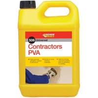 Yellow Everbuild 506 Contractors PVA 5L container with black cap and red label featuring application instructions.