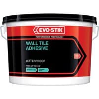Evo-stik 10L waterproof wall tile adhesive in a black and red tub with a white lid and bold branding.