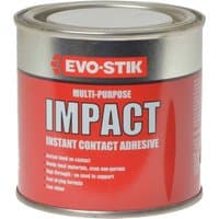 Red and silver Evo-stik Impact Adhesive can with bold white text and metal lid.