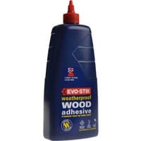 Blue bottle of Evo-stik Weatherproof Wood Adhesive with red nozzle and yellow, red, and white label.