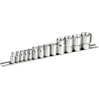Silver 13-piece Torx socket set by Facom, sizes E4-E24, arranged on a metal rail.