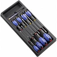 Black tray with 8 blue-handled screwdrivers, varying sizes, labeled Expert by Facom for mechanics and electricians.