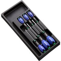 Black tray with six blue-handled ResisTorx screwdrivers, varying sizes, by Facom, neatly arranged in slots.