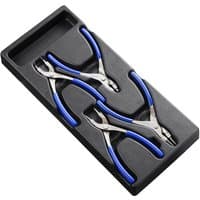 Black and blue Facom circlips pliers set in a black tray, featuring four precision pliers with ergonomic grips.