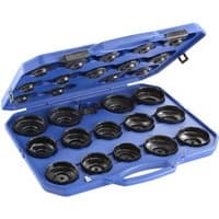 Blue plastic case with 30 black metal oil filter cap wrenches, organized in molded slots.