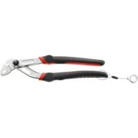 Facom locking twin slip-joint multi-grip pliers, silver with black and red rubber grips, attached safety lanyard.