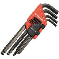Red and black Facom hexagon key set with nine metric keys in a compact sleeve.