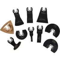 Black Faithfull 10 Piece OIS oscillating multi tool accessory set with various blade shapes and a gold sanding pad.