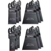 Faithfull 12 Piece OIS Oscillating Multi Tool Blade Set, black blades with varying teeth, labeled for wood and metal cutting.