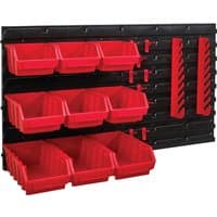 Black panel with red storage bins and hooks, Faithfull 12 Piece Wall Storage Bin and Panel Set.