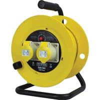 Yellow Faithfull 2 Socket Cable Extension Reel 110v with black handle and stand, dual sockets, and red power indicator.