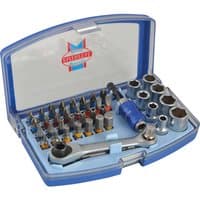 Blue Faithfull 42-piece socket and screwdriver bit set in a plastic case with various bits and a ratchet handle.