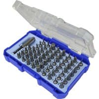 Blue Faithfull 61 piece screwdriver bit set in clear plastic case, featuring various metal bits organized in rows.