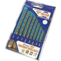 Faithfull 8 Piece Masonry Drill Bit Set in blue plastic case with clear cover, showcasing spiral steel bits of varying sizes.