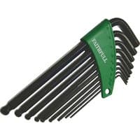 Faithfull 9 Piece Long Ball End Hexagon Allen Key Set in black with green holder, varying sizes.