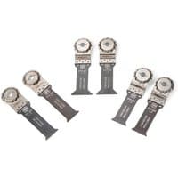 Fein 6-pack E-Cut StarlockMax saw blades, silver and black, designed for cutting wood and metal.