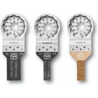 Fein Starlock Mini Cut Combo Kit with three metallic oscillating tool blades, each with distinct cutting edges.