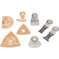 Fein StarlockMax kit with gold and silver oscillating blades, triangular sanding pad, and various cutting attachments.