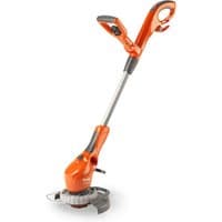 Orange Flymo 500E grass trimmer with adjustable handle, 500W motor, and edging wheel.
