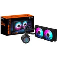 Black GIGABYTE AORUS WATERFORCE II 240 AIO cooler with 2x120mm ARGB fans, circular pump, and orange packaging.