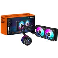 GIGABYTE AORUS WATERFORCE X II 240 AIO cooler, 2 ARGB fans, LCD display, black radiator, orange box.