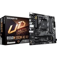 GIGABYTE B550M DS3H AC R2 motherboard with black PCB, dual M.2 slots, Wi-Fi 5 antenna ports, and USB 3.2 Gen 1 ports.