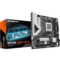 GIGABYTE B840M EAGLE WIFI6 motherboard with black PCB, silver heatsinks, and orange accents, supports AMD Ryzen 9000 CPUs.
