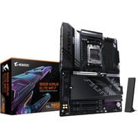 GIGABYTE B850 AORUS ELITE WIFI7 motherboard with black heatsinks, silver CPU socket, and RGB accents.