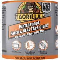Gorilla Glue waterproof patch and seal tape, gray roll with orange label, gorilla logo, and leak-stopping icons.