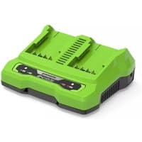 Green Greenworks 24V Twin Port 4A charger with dual slots, LED indicators, and black base.