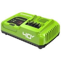 Green Greenworks 40V 5A battery charger with LED indicators and cooling vents on sides.