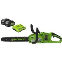 Greenworks 48V chainsaw, bright green with 36cm blade, includes two 4Ah batteries and charger.