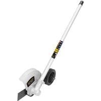 Greenworks edger attachment with white shaft, black wheel, and protective blade guard for split shaft line trimmer.