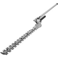 Greenworks hedge trimmer attachment with long silver shaft and dual-action steel blades for split shaft line trimmer.