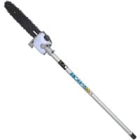 Greenworks pole saw attachment with a long silver shaft and black chainsaw blade for split shaft line trimmer.