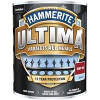 Hammerite Ultima Metal Paint Smooth Ruby Red 750ml can with protective metal fence graphic and bold branding.