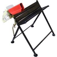 Black Handy saw horse with red chainsaw support and sturdy metal frame.