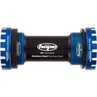 Black and blue Hope stainless steel bottom bracket with logo and threaded ends.