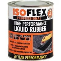 Isoflex Liquid Rubber Black 4.25L can with orange and black label, showing a roof repair illustration.