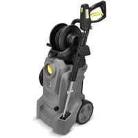 Gray Karcher pressure washer with black hose reel, yellow accents, and two wheels for mobility.
