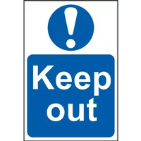 Keep Out Sign 400x600mm by Spectrum I, blue background with white text and exclamation mark icon above.